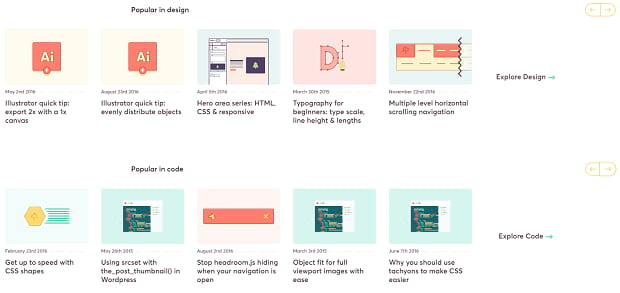 Iamsteve's sliders full of design and code articles, with a cute and simple vector image for each one