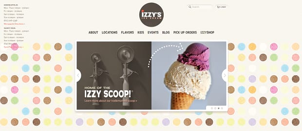 Izzy's Ice Cream slider, with images of their ice cream in from of a polka dot background