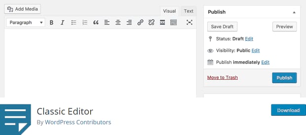 The Classic Editor WordPress plugin, with a header image of the old editor