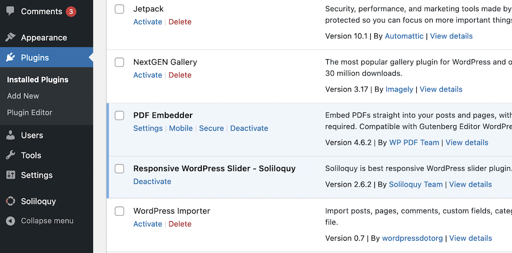 The WordPress Plugins page.